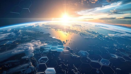 A sunrise over Earth, viewed from space, showcasing a hexagonal grid overlaying the planet's surface, suggesting connectivity or technology