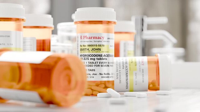 Slow Dolly Camera Movement Hydrocodone Prescription Medicine Bottle and Pills Resting on a Bathroom Countertop. The label is non-proprietary, fictional, made specifically for stock photo industry.