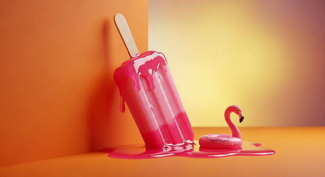A vibrant pink popsicle melts against a warm orange studio wall, forming a sweet puddle