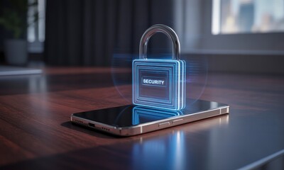 A lock graphic hovers over a phone, suggesting security