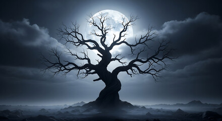 A dramatic, full moon rises behind a silhouetted, bare tree in a desolate landscape