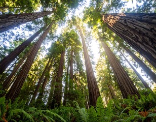 Sunlight streams through towering redwood trees