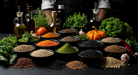 A chef presents a variety of ingredients in a professional kitchen setting. Focus on grains, spices, fresh herbs, and vegetables