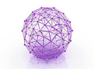 A translucent purple sphere with a geometric, network-like structure composed of interconnected nodes and lines, sits on a reflective white surface, casting a subtle shadow