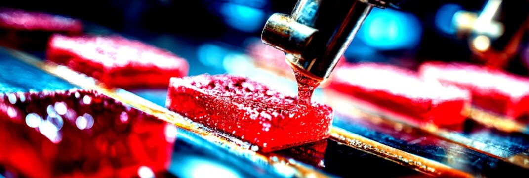 Candy production process shows red gummies being shaped and filled in a manufacturing facility - High Contrast