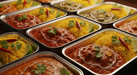 Fototapeta premium A close-up shot of multiple foil containers filled with various Indian curries and yellow rice