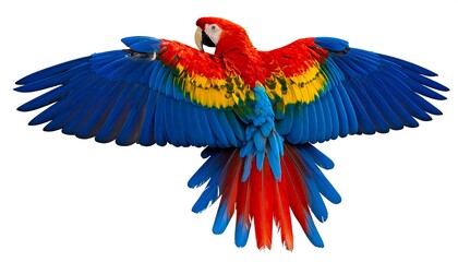 Obraz premium A vibrant bird of paradise, showcased from the back, with fully spread wings, displaying shades of red, yellow, blue, and a pure white background