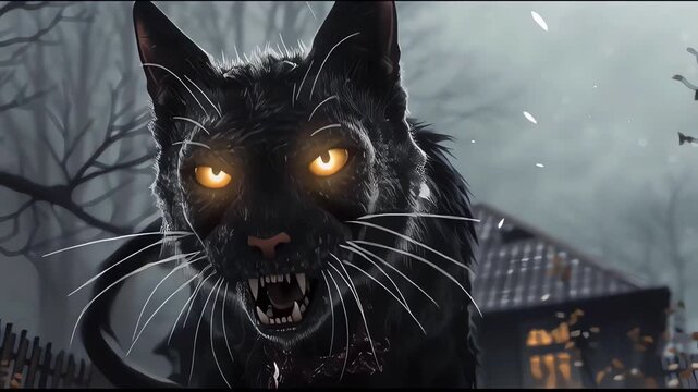 Black halloween cat walks creepy towards camera