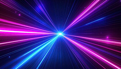 A vibrant, abstract depiction of light streaks converging at a central point, radiating outwards against a dark background speckled with faint light particles