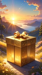 Golden gift box on a mountaintop at sunrise