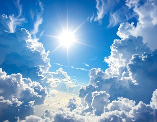 High-altitude view of a vibrant blue sky filled with fluffy white clouds and a bright sun