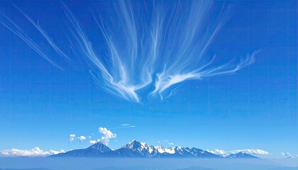 A vibrant blue sky showcases ethereal, wispy clouds arcing dramatically above a snow-capped mountain range on the horizon
