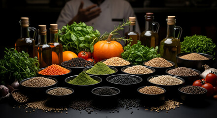 A diverse array of organic ingredients in a professional kitchen