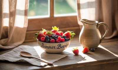 A rustic, sunlit windowsill display of fresh summer berries in a bowl