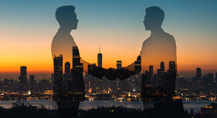 Naklejka premium Two businessmen shake hands, double exposed with a vibrant city skyline at sunset