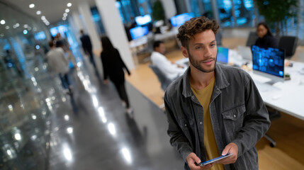 A contemporary office environment showcasing a man using a smartphone, highlighting the blend of professionalism and technology in today's work culture.