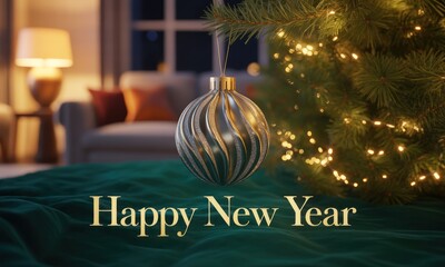 A silver-and-gold ornament hangs from a Christmas tree in a cozy living room at night, with the words "Happy New Year" written on a deep teal surface
