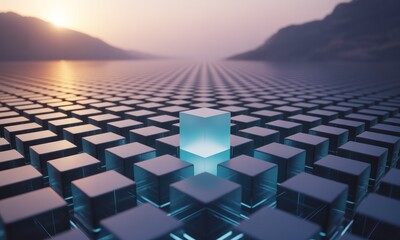 A single luminous blue cube stands out amidst a grid of numerous gray cubes, extending into a hazy landscape at sunrise