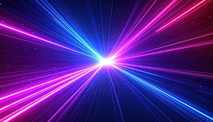 A vibrant, cosmic explosion of pink and blue light rays emanating from a central bright point against a dark, starry backdrop.  The rays create a dynamic, energetic feel