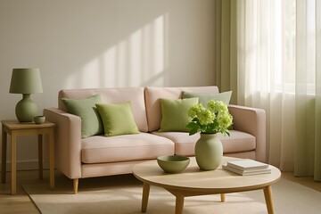 Modern living room with pastel furniture in trendy seasonal colors, concept of interior design inspiration.