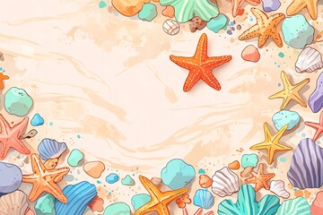 Beach scene with colorful seashells starfish and stones