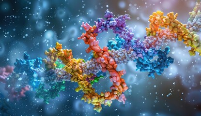 A vibrant, detailed 3D rendering of a DNA double helix, showcasing its complex structure and colorful components against a softly blurred background