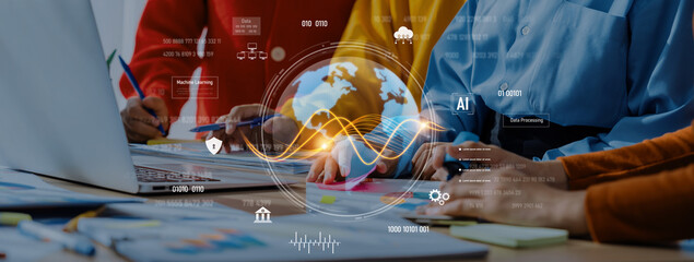 A diverse team collaborates in a modern office, using technology to visualize data and strategize innovations for their business. Engaging with global perspectives. Trope
