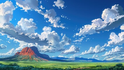 A vibrant digital painting of a vast, flat landscape under a bright blue sky scattered with fluffy white clouds, dominated by a large, reddish-brown, solitary mountain in the mid-ground