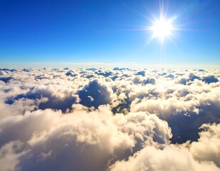 High-altitude view of fluffy clouds and a bright sun