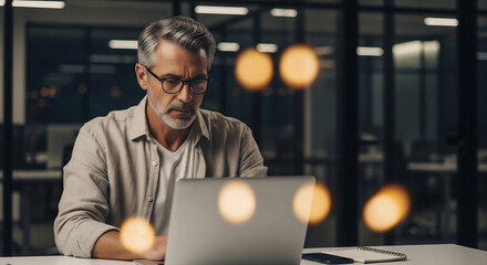 Mature businessman with grey hair and glasses intently working on a laptop at his desk in a modern office at night