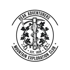 Obraz premium Vintage emblem for Peak Adventurers Mountain Exploration Club, established 1928, featuring an ice axe and climbing rope entwined with ivy.