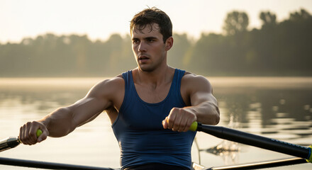 Male rower on a lake during sunrise