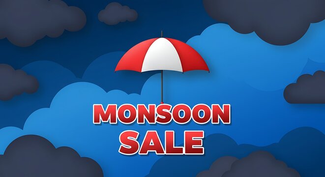Monsoon sale advertisement with red and white umbrella on blue clouds