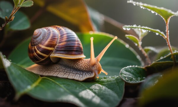 A snail crawls across a dewy leaf, bathed in morning light