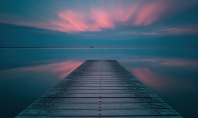 Obraz premium A tranquil wooden pier extends into a serene lake at sunset. Peaceful, mirrored reflections, soft pastel colors, calm water, and a distant sailboat are visible