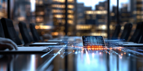Smartphone mock up on a sleek conference table, illuminated by city lights, showcasing digital data visualization and technology integration in a modern business environment
