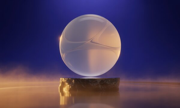 A translucent sphere, seemingly a crystal orb, rests on a dark stone pedestal. Ambient light highlights its ethereal glow - Powered by Adobe