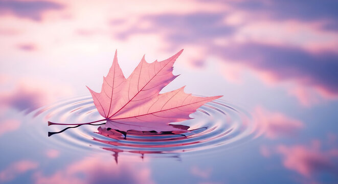 A delicate pink maple leaf gently floats on tranquil water, creating subtle ripples
