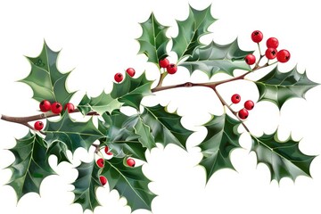 A vibrant illustration of a holly sprig, featuring glossy green leaves with serrated edges and clusters of bright red berries.  The branch is depicted against a stark white background