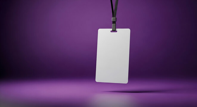 Blank ID badge mockup with a black lanyard, floating against a purple background. Ideal for business, conference or corporate branding