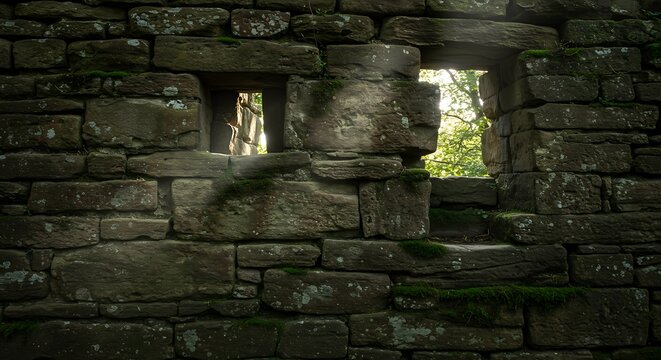 Weathered stone wall with window openings showing lush greenery outdoors