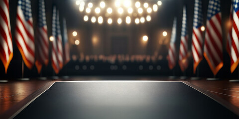 Empty podium under bright lights with American flags in the background, symbolizing political discourse and national significance in a solemn atmosphere with copy space