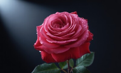 Fototapeta premium A vibrant pink and red rose, highlighted by a spotlight, sits against a dark backdrop. Dewy drops cling to its petals