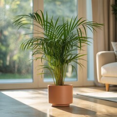 Fototapeta premium A vibrant palm plant in a terracotta pot, bathed in sunlight, sits in a modern living space, near large windows