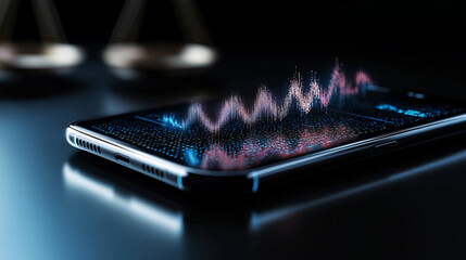 Smartphone mock up displaying dynamic data visualization with colorful waveforms on screen, set against a dark background, emphasizing technology and innovation in digital analysis