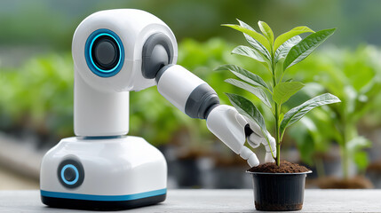 Robotic arm gently tending to a young green plant in a pot, showcasing advanced technology in agriculture and sustainable practices in a vibrant greenhouse environment
