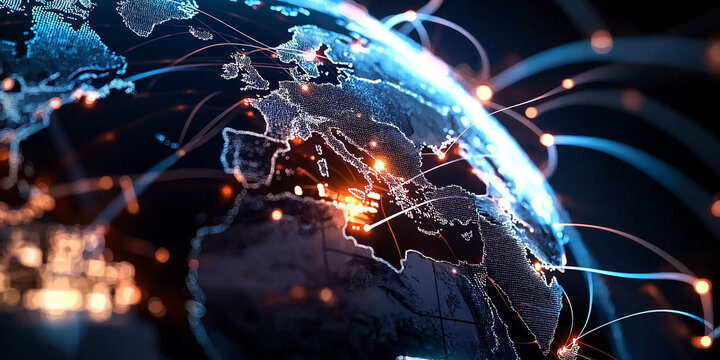 Global network visualization with illuminated connections across continents, showcasing digital data flow and interconnectedness in a modern technological landscape