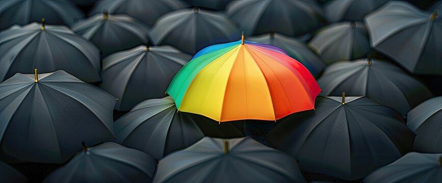 A vibrant, multicolored umbrella stands out amidst a sea of identical dark umbrellas, symbolizing individuality and standing apart from the crowd