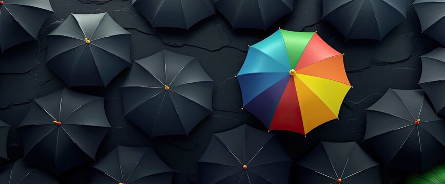 A vibrant, multicolored umbrella stands out amongst a sea of dark, somber umbrellas, symbolizing individuality and standing apart from the crowd
