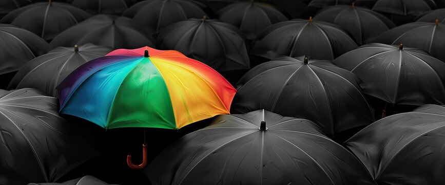 A vibrant, multicolored umbrella stands out amongst a sea of identical black umbrellas, symbolizing individuality and standing out from the crowd